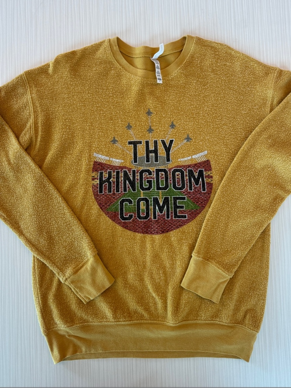 Bella Canvas Mustard Yellow Crewneck with 'Thy Kingdom Come' Graphic Men’s Small